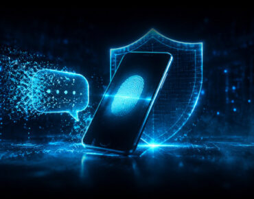 Passkey representada como huella digital en cian junto a un icono de SMS disolviéndose, en una sala de servidores oscura