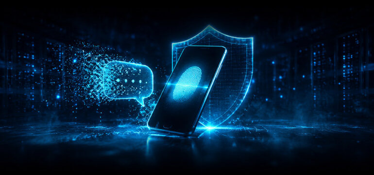 Passkey representada como huella digital en cian junto a un icono de SMS disolviéndose, en una sala de servidores oscura